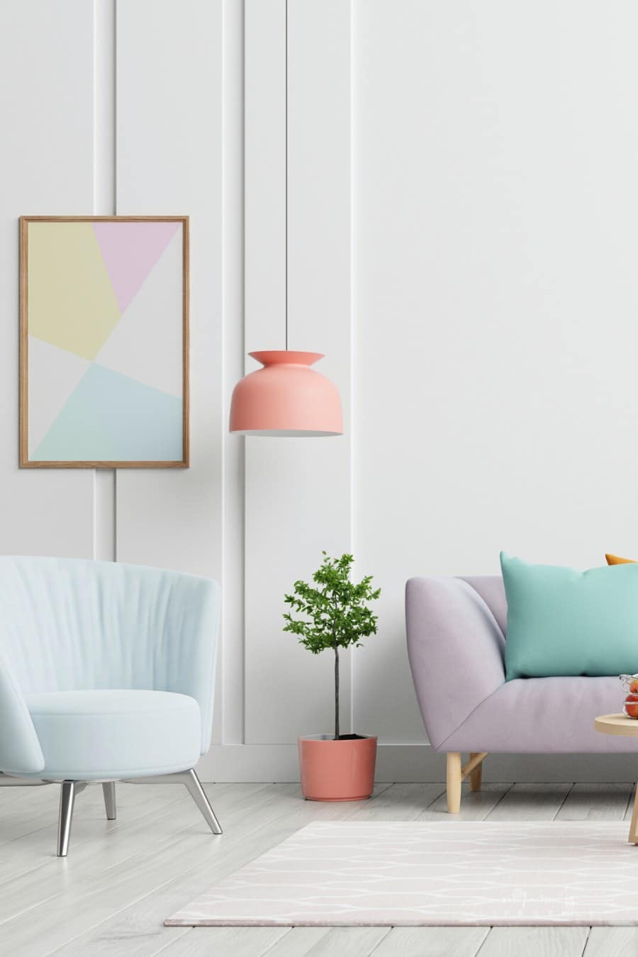 bright modern living room with white wall and colorful furniture