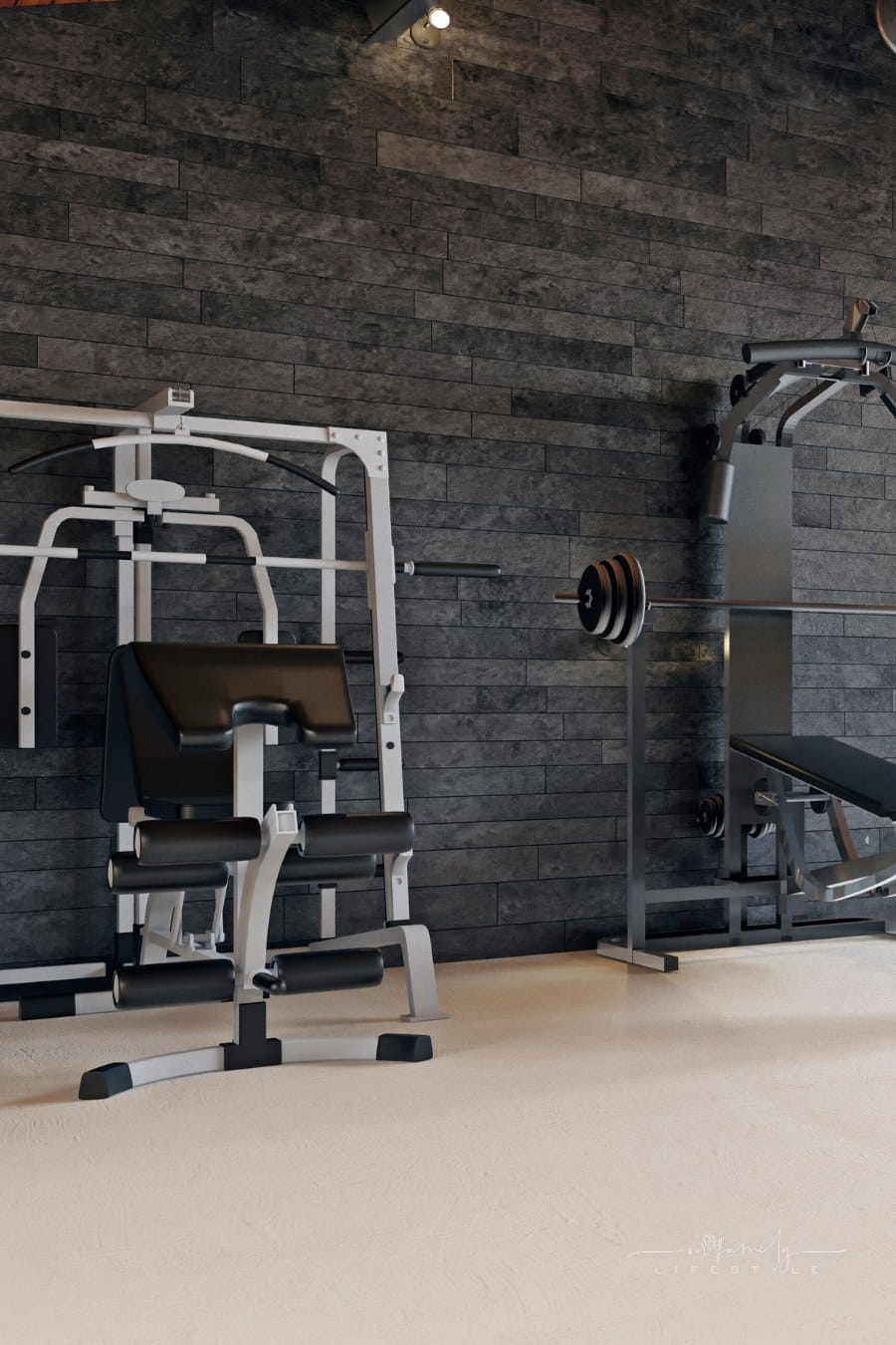 home gym equipment in remodeled attic space