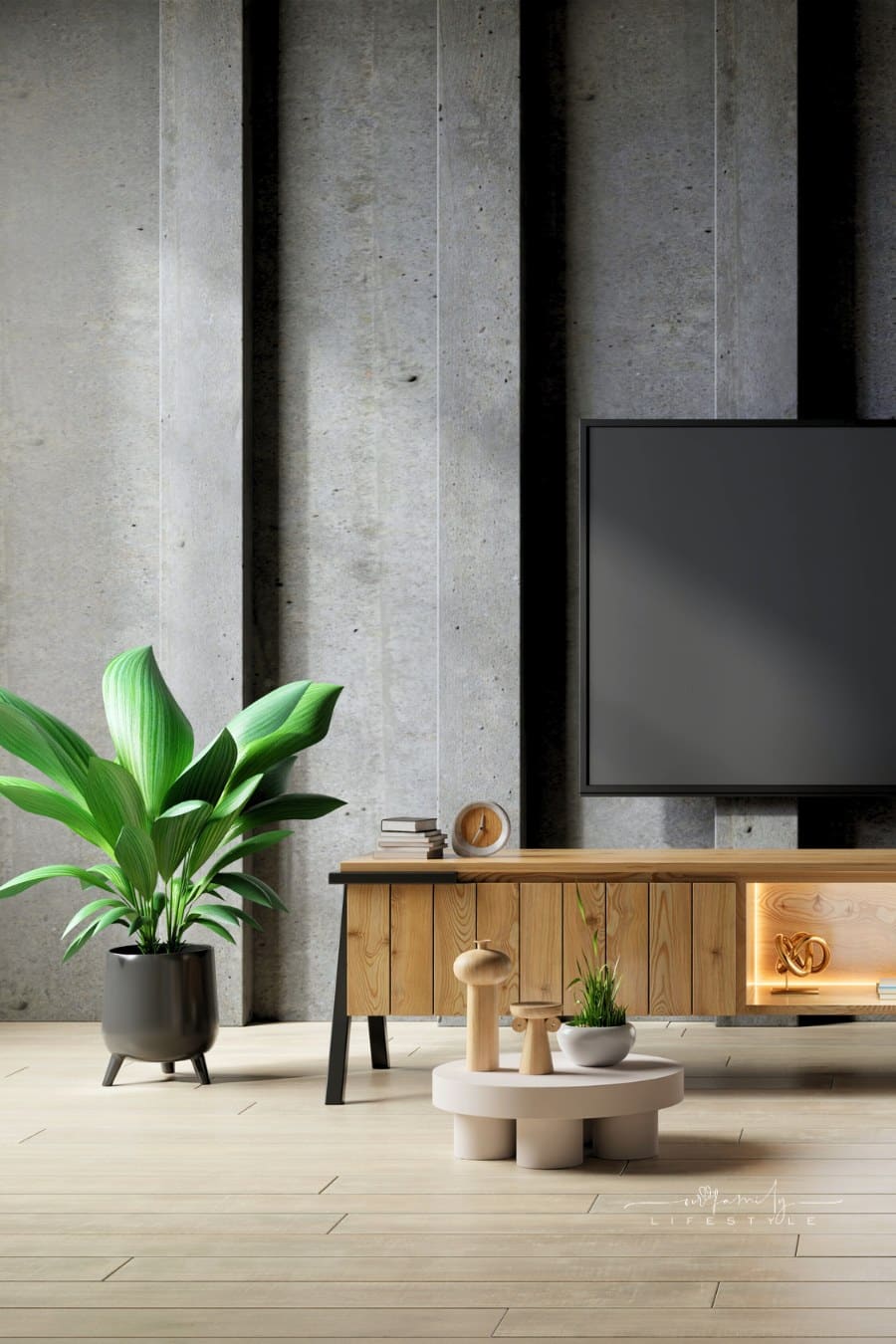 TV in modern living room with table and plant on concrete wall
