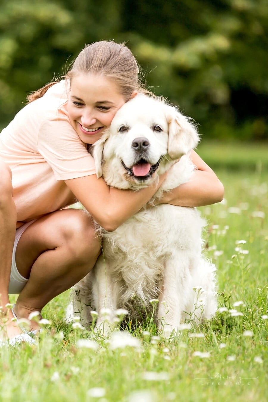 woman hugging golden retriever dog in field of flowers