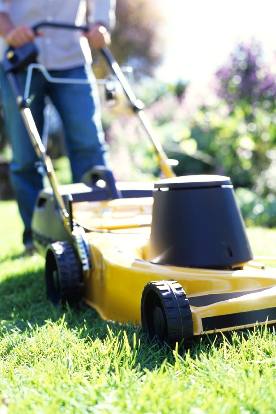 man using push mower in lawn