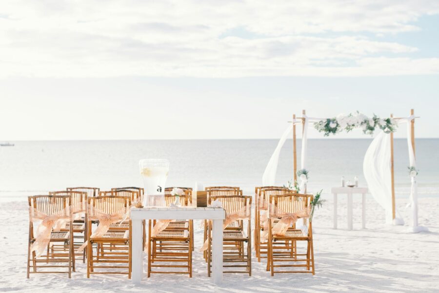 Beautiful wedding setup with chairs and arch on St. Pete Beach, Florida.