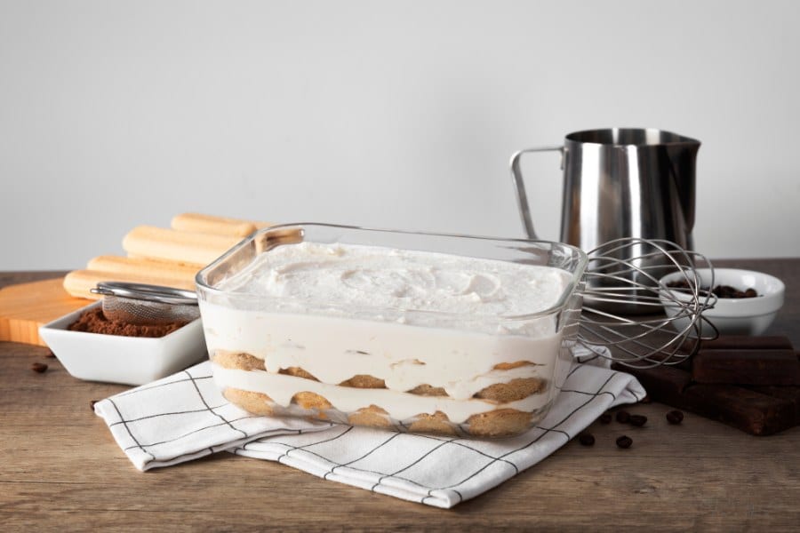 High angle delicious tiramisu tray on table