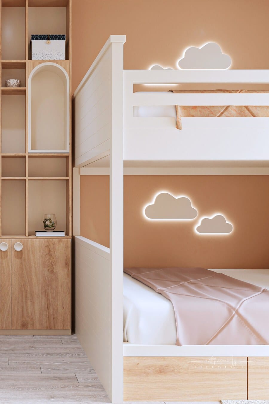 Modern wooden children's bedroom with white bunk beds