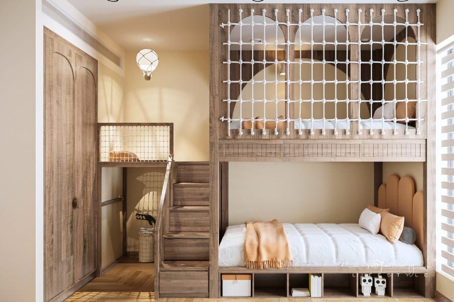 A wooden bunk bed with side stairs leading up to the top bunk