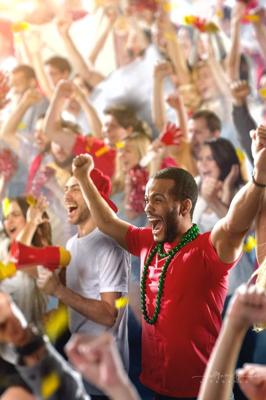 sports fans cheering team at stadium