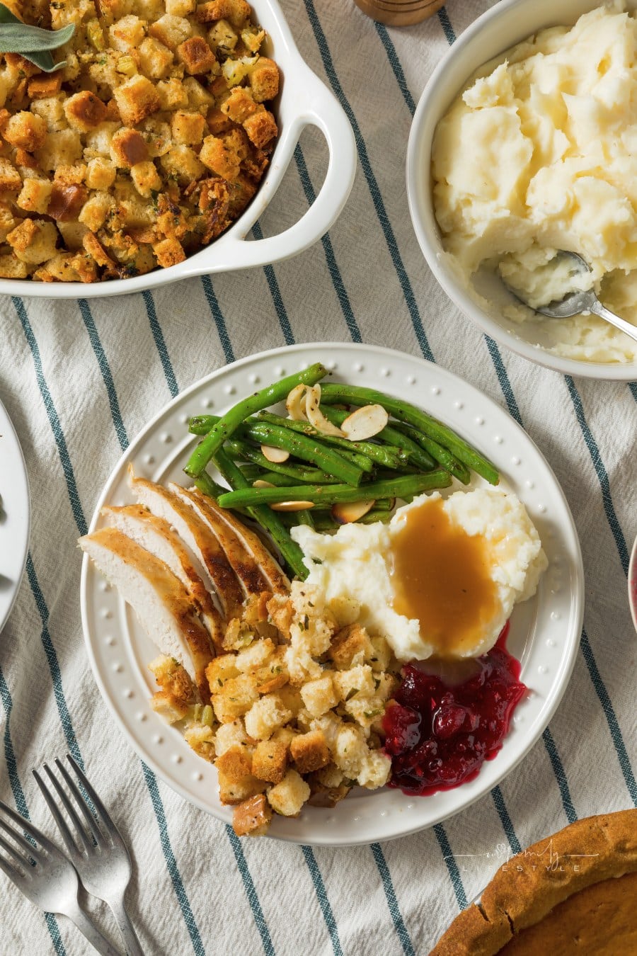 Homemade Thanksgiving Turkey Dinner with Stuffing Potatoes and Green Beans