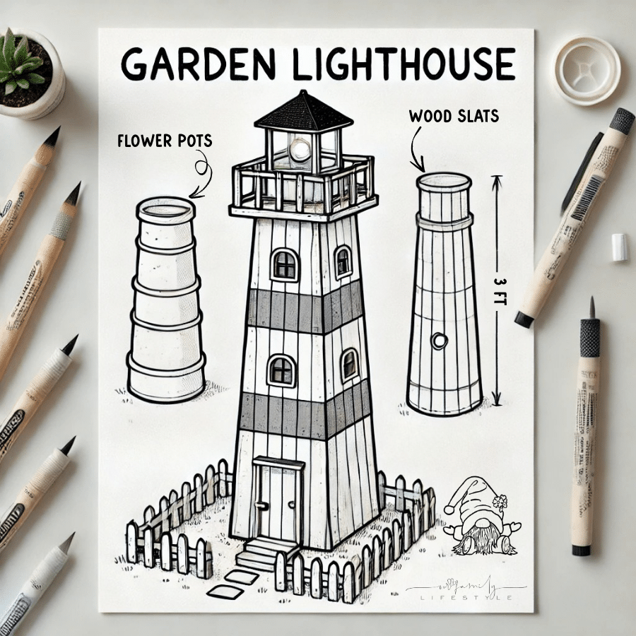 A printable DIY sketch template for building a garden lighthouse. Includes a labeled diagram showing the base, stacked tower sections