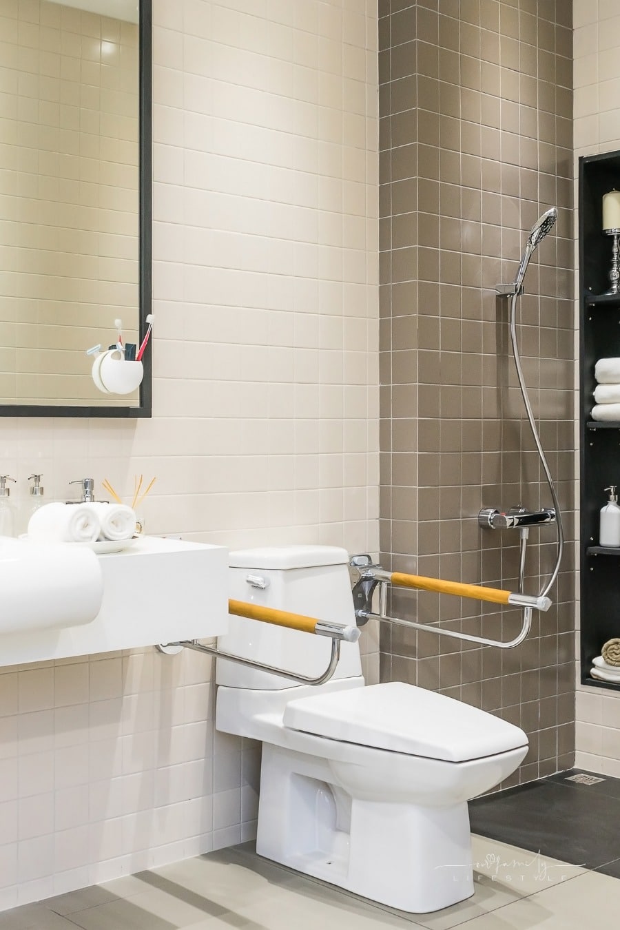 interior of bathroom with toilet handrail for elderly