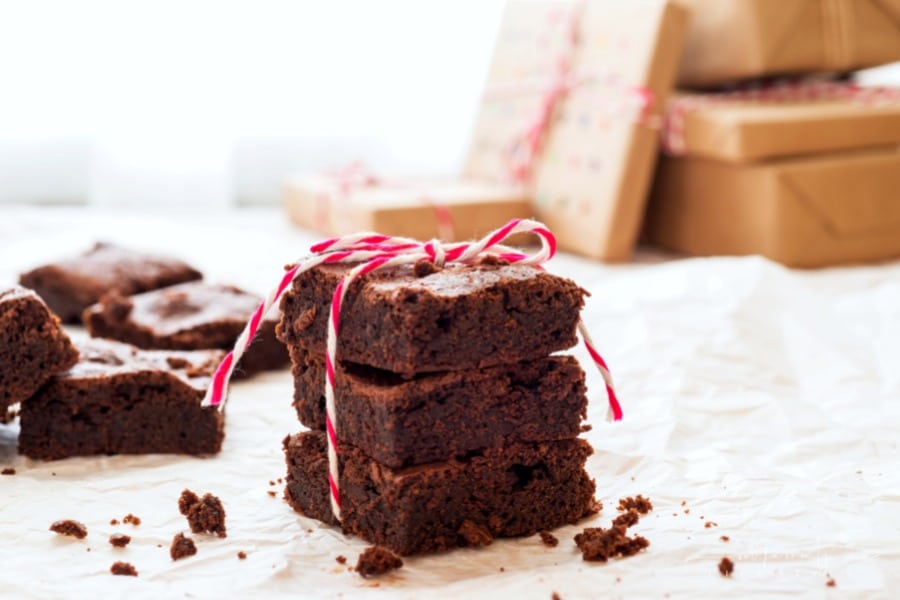 chocolate fudge tied with red and white twine