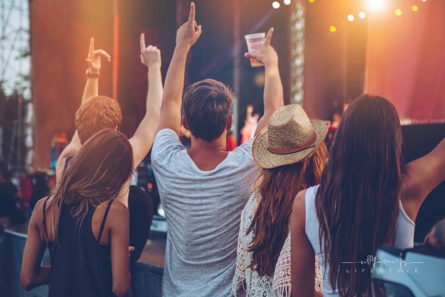 Group of young friends partying and celebrating at summer music festival. They are dancing in front of stage. Wearing casual
