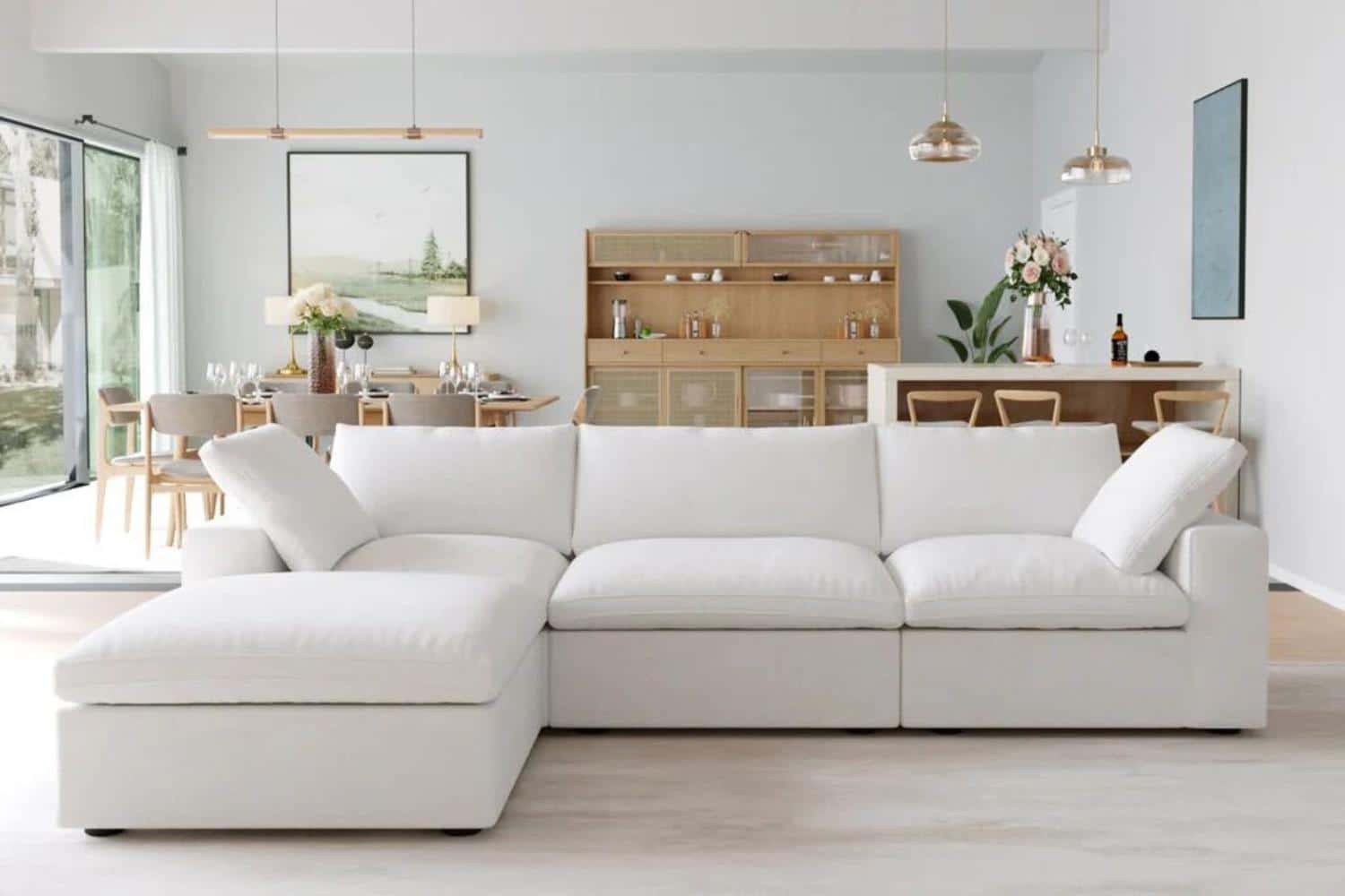 white cloud sofa in a mid century modern living room