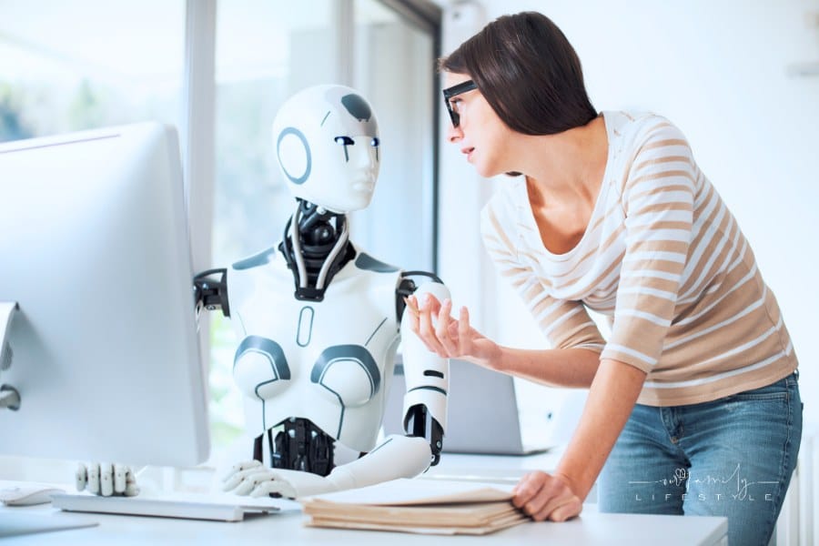 Woman and AI robot working together
