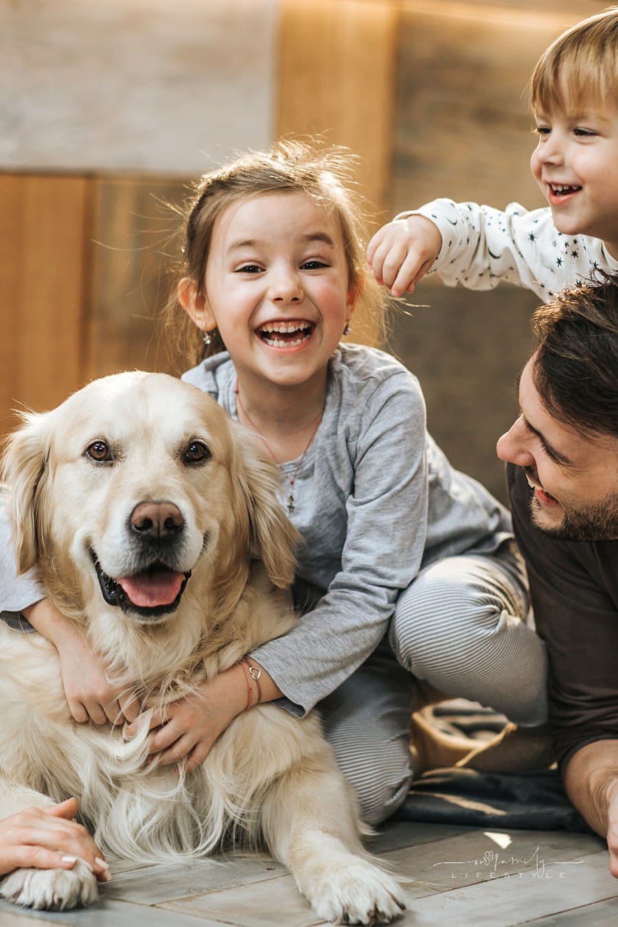 Young happy family enjoying with their golden retriever at home.