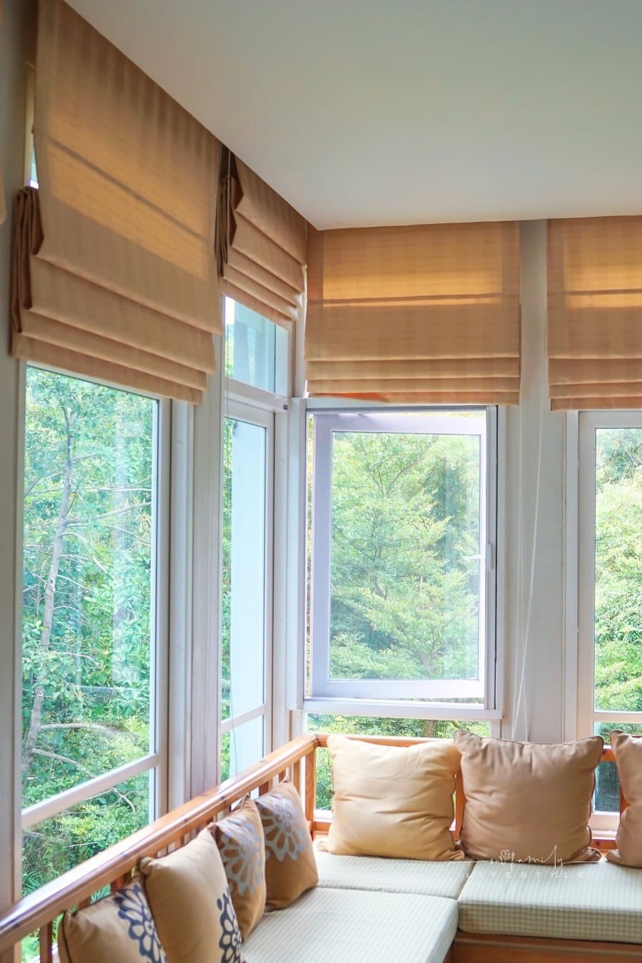 brown roman blind shade curtain tree forest mountain background living room