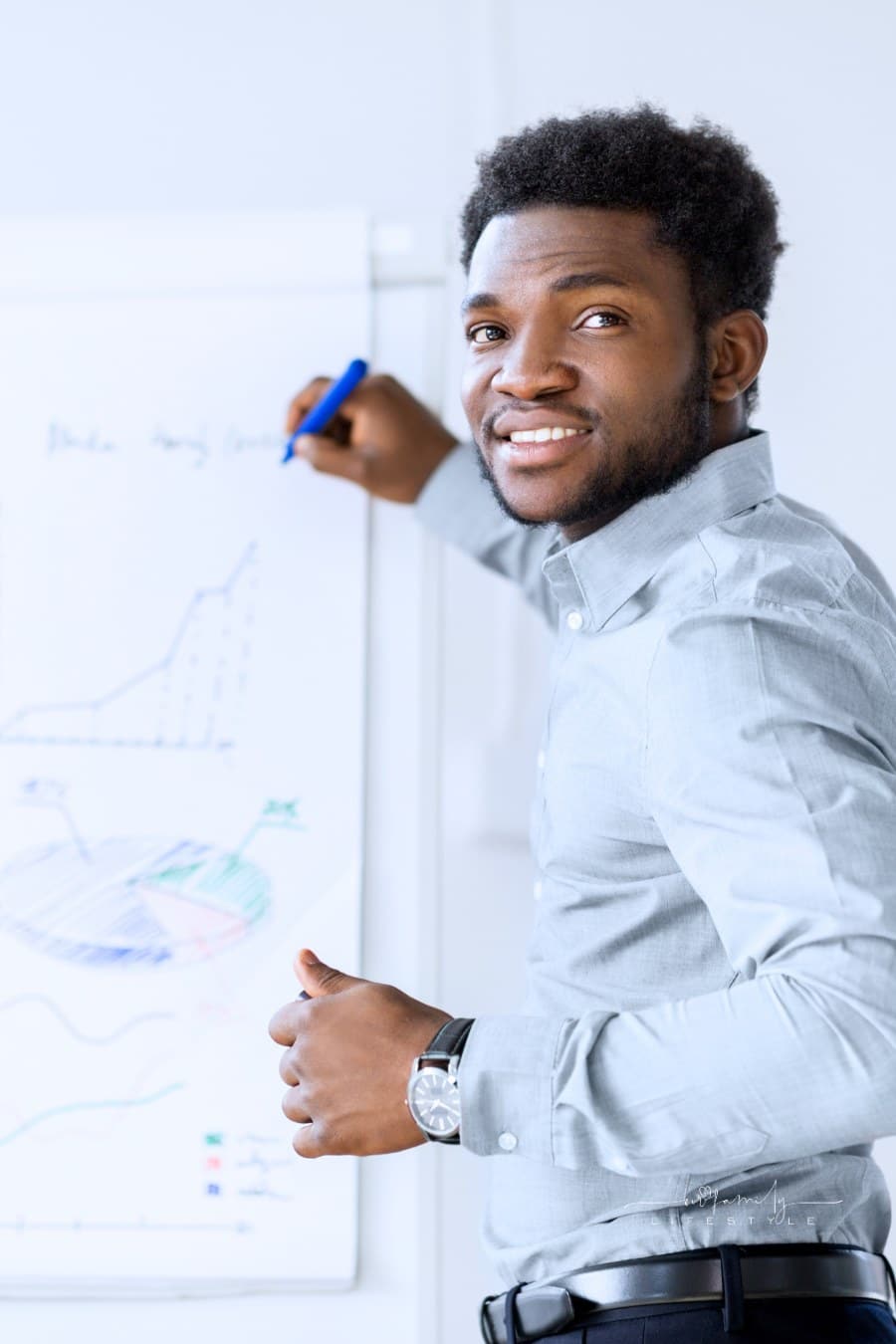Businessman Writing on Flip Chart during Presentation