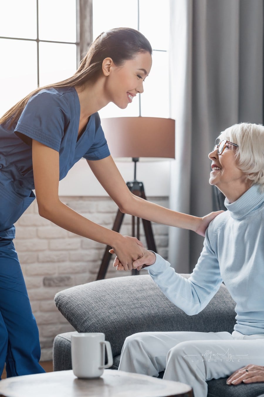 Professional caregiver taking care of elderly woman at home