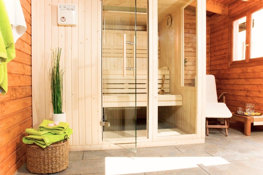 indoor sauna with a quiet resting area beside it
