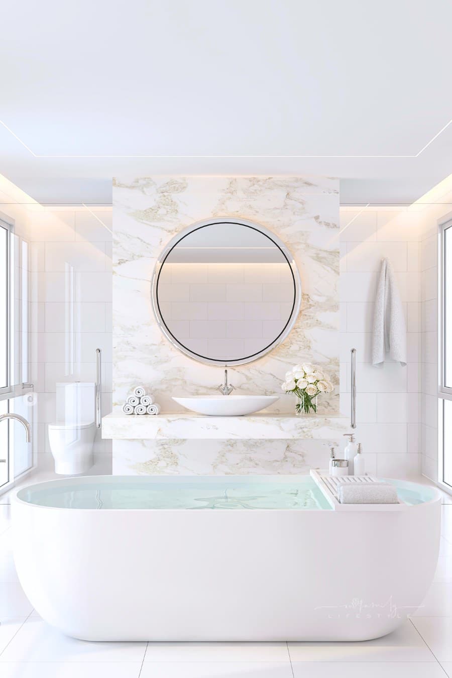 Modern luxury white bathroom with stand alone tub and wall-mounted vanity