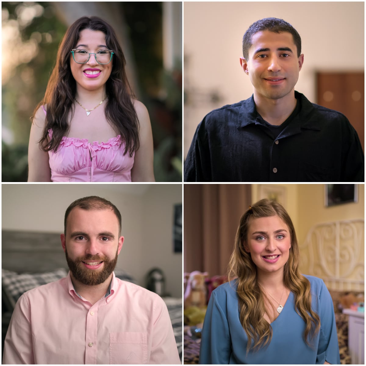 A collage of four cast members from Love on the Spectrum Season 3. The top-left image features a young woman with long brown hair, glasses, and a pink dress, smiling warmly. The top-right image showcases a young man with short black hair wearing a black button-up shirt, looking directly at the camera with a gentle expression. The bottom-left image displays a bearded man in a light pink shirt sitting in a bedroom, smiling confidently. The bottom-right image captures a young woman with long blonde hair in a blue blouse, sitting in a cozy room with a friendly smile.