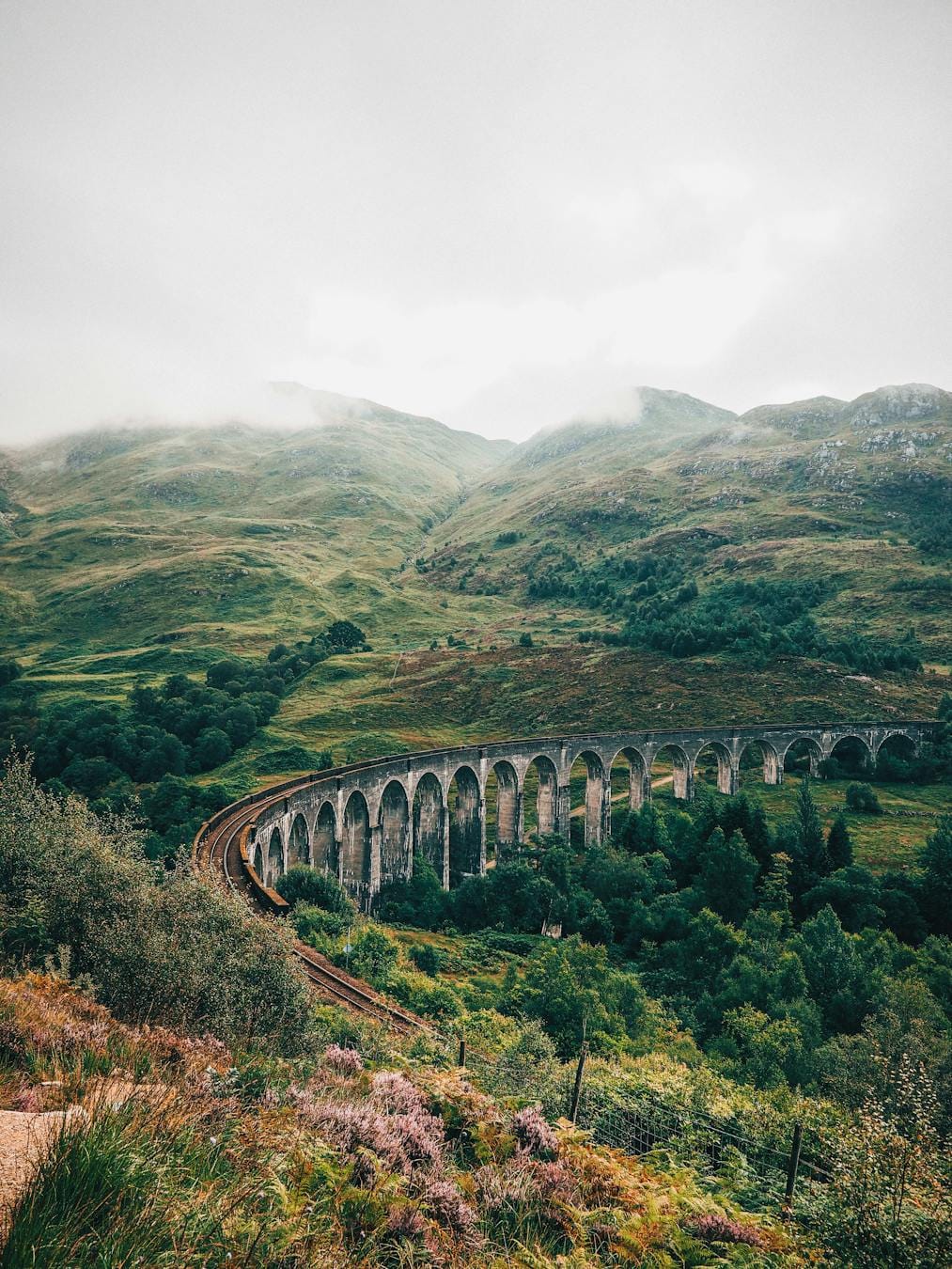 Majestic view of the Glenfinnan Viaduct in lush Scottish landscape.
