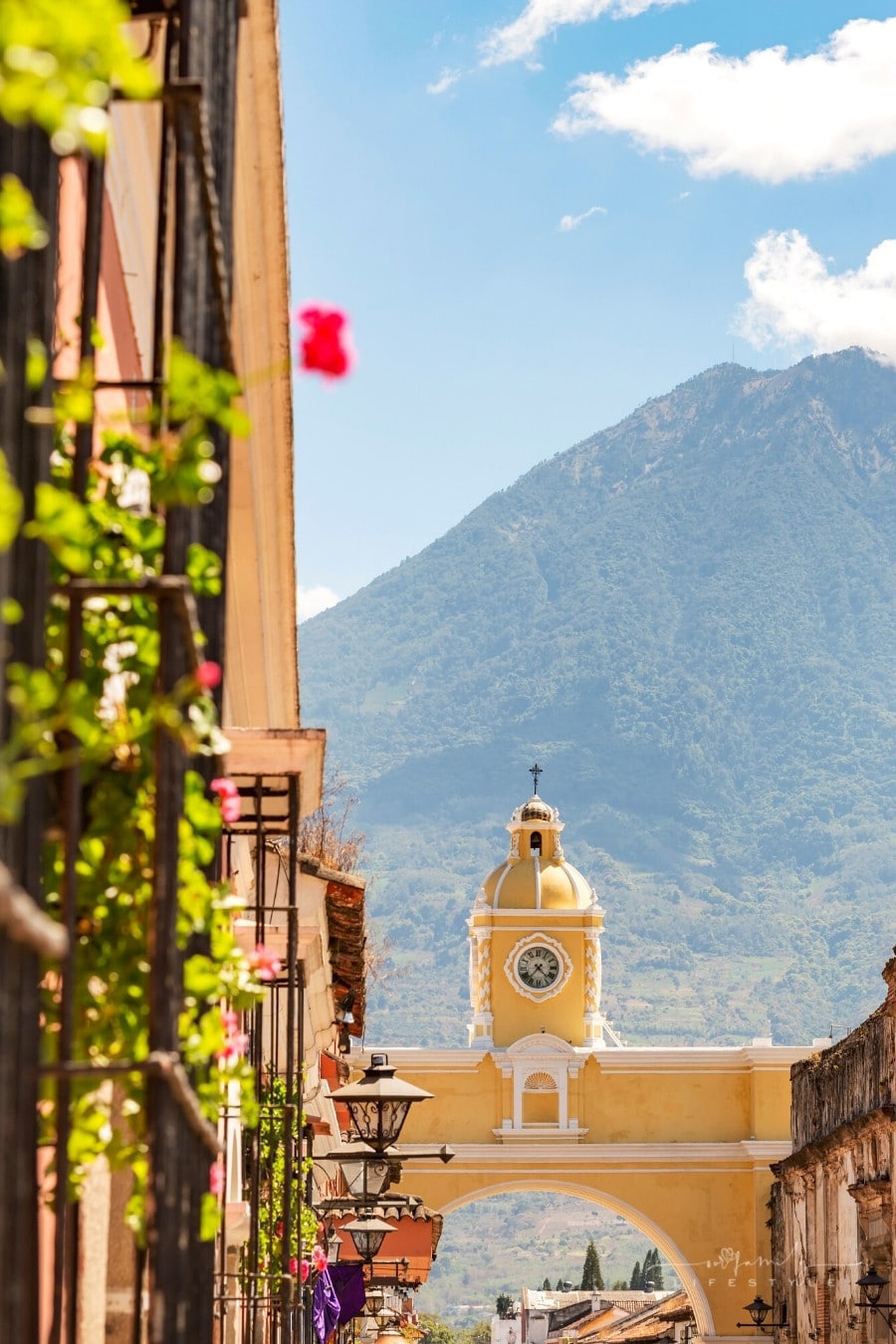 Antigua Guatemala classic colonial town with mountain background