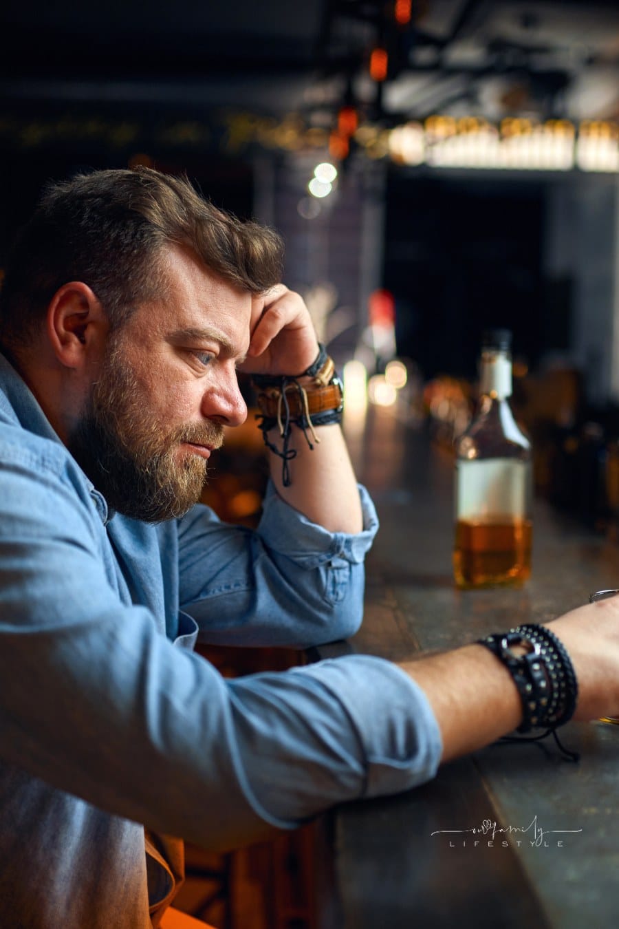 Sad Bearded Man Sitting at the Counter in Bar