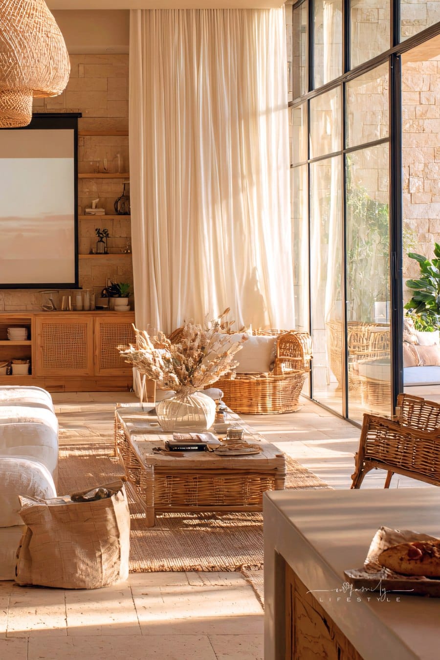 Modern Rustic Living Room Featuring Stone Top Coffee Table
