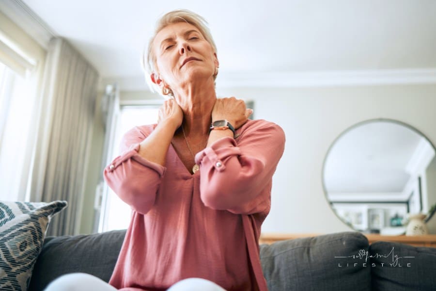 Senior Woman, Neck Pain and Stress in Living Room Home of Spine Injury, Fibromyalgia and Osteoporosis. Sick, Tired and Fatigu