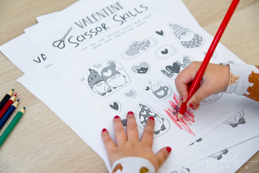 Printable Valentine scissor skills worksheet