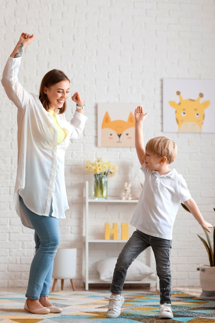 Mom with Little Boy Dancing at Home