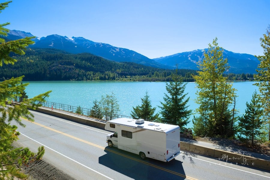 RV Driving Along Hwy 99 by Green Lake in Whistler, BC