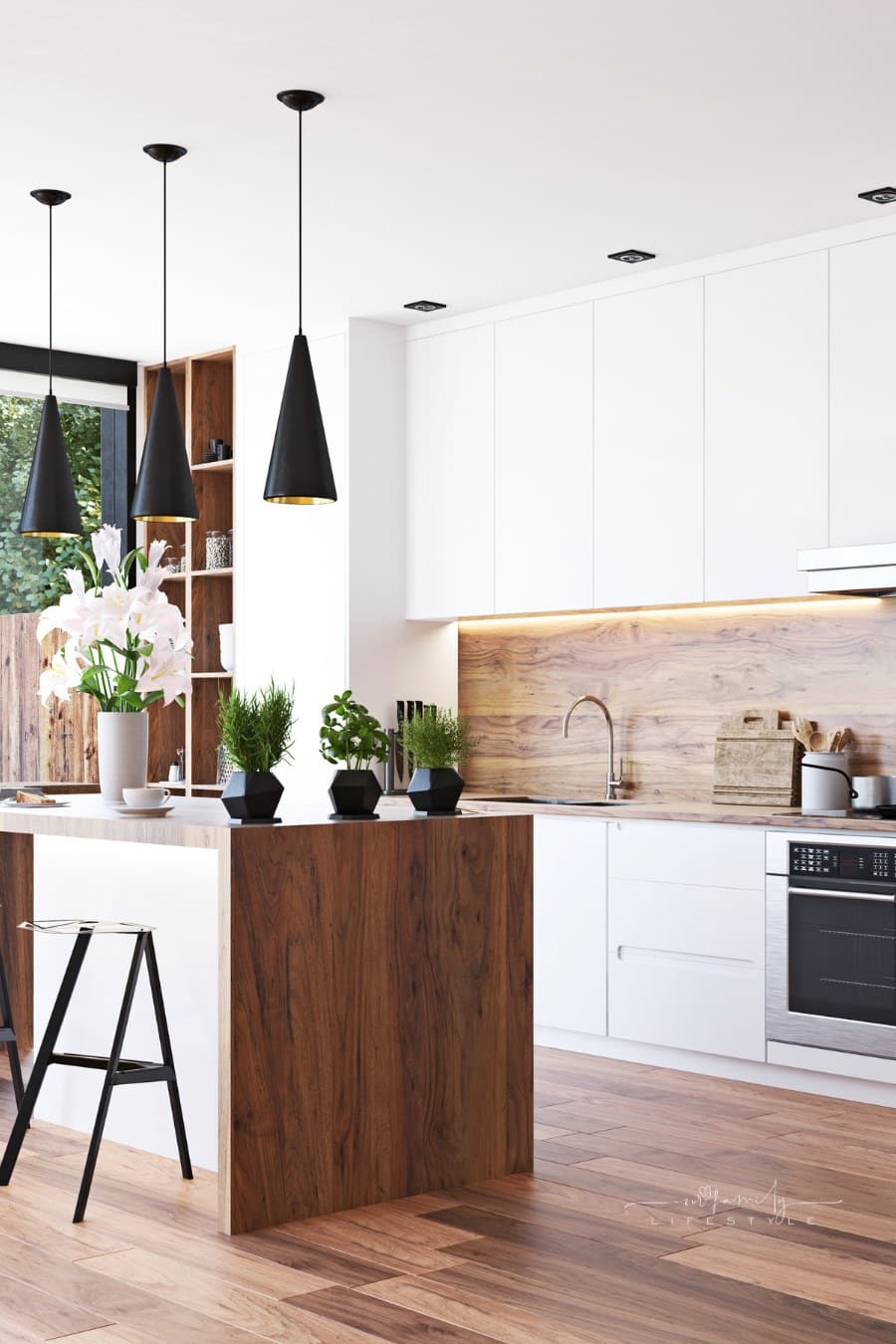 Modern Kitchen with both can and pendant lights