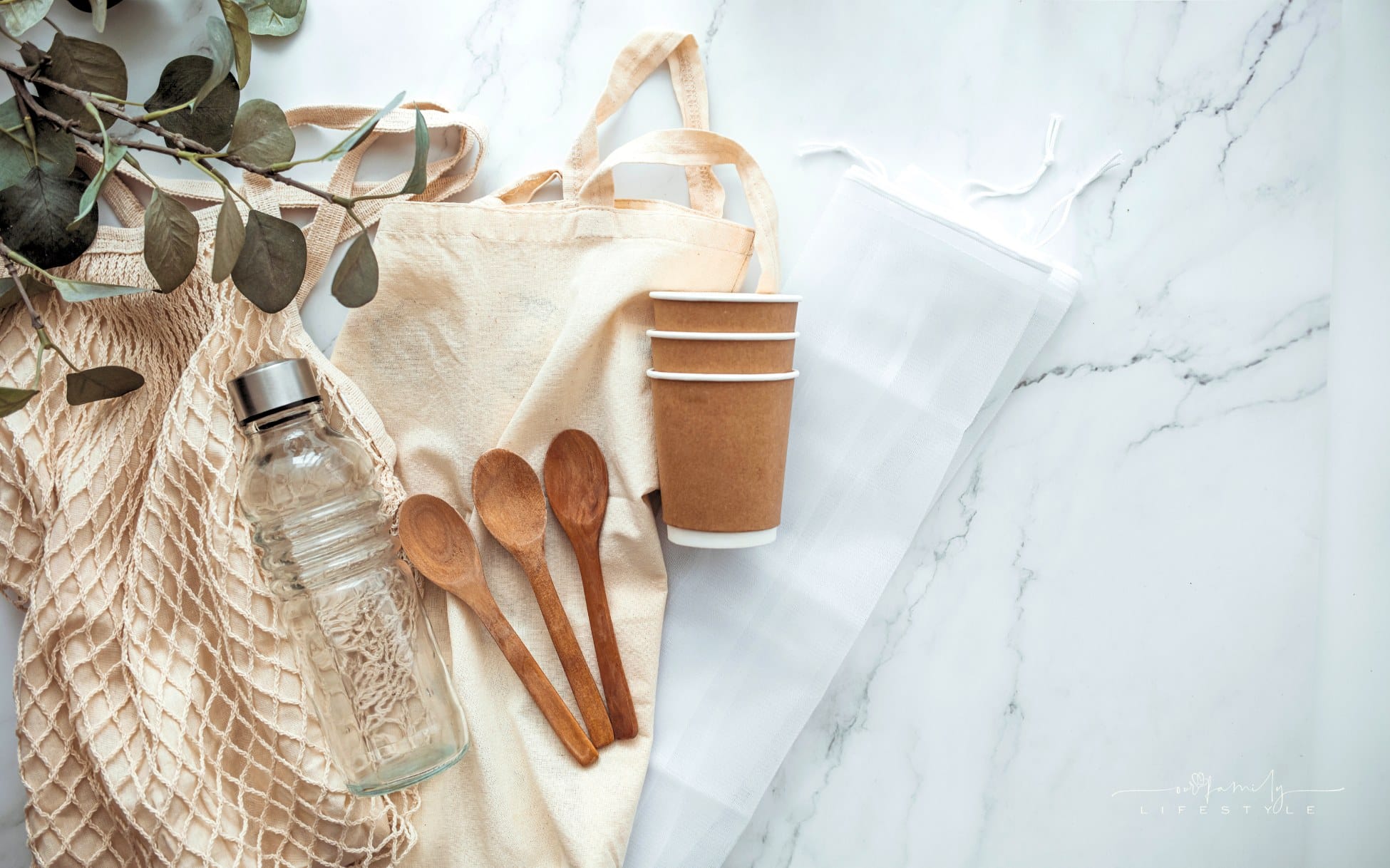 Plastic free set with eco cotton bag, glass jar, green leaves and recycled tableware top view. Zero waste, eco friendly conce