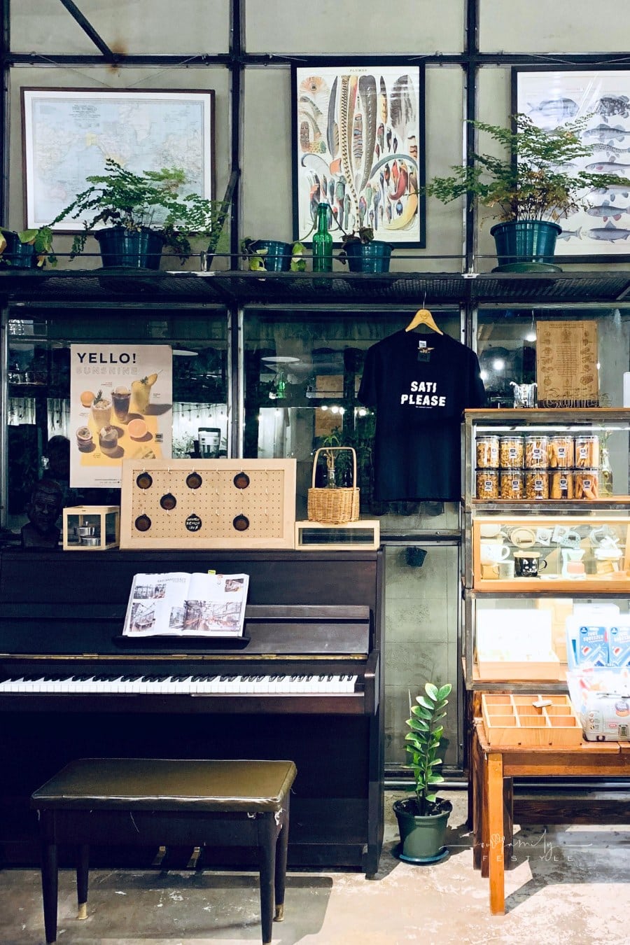 A Piano Beside a Shelf of Merchandise on Display