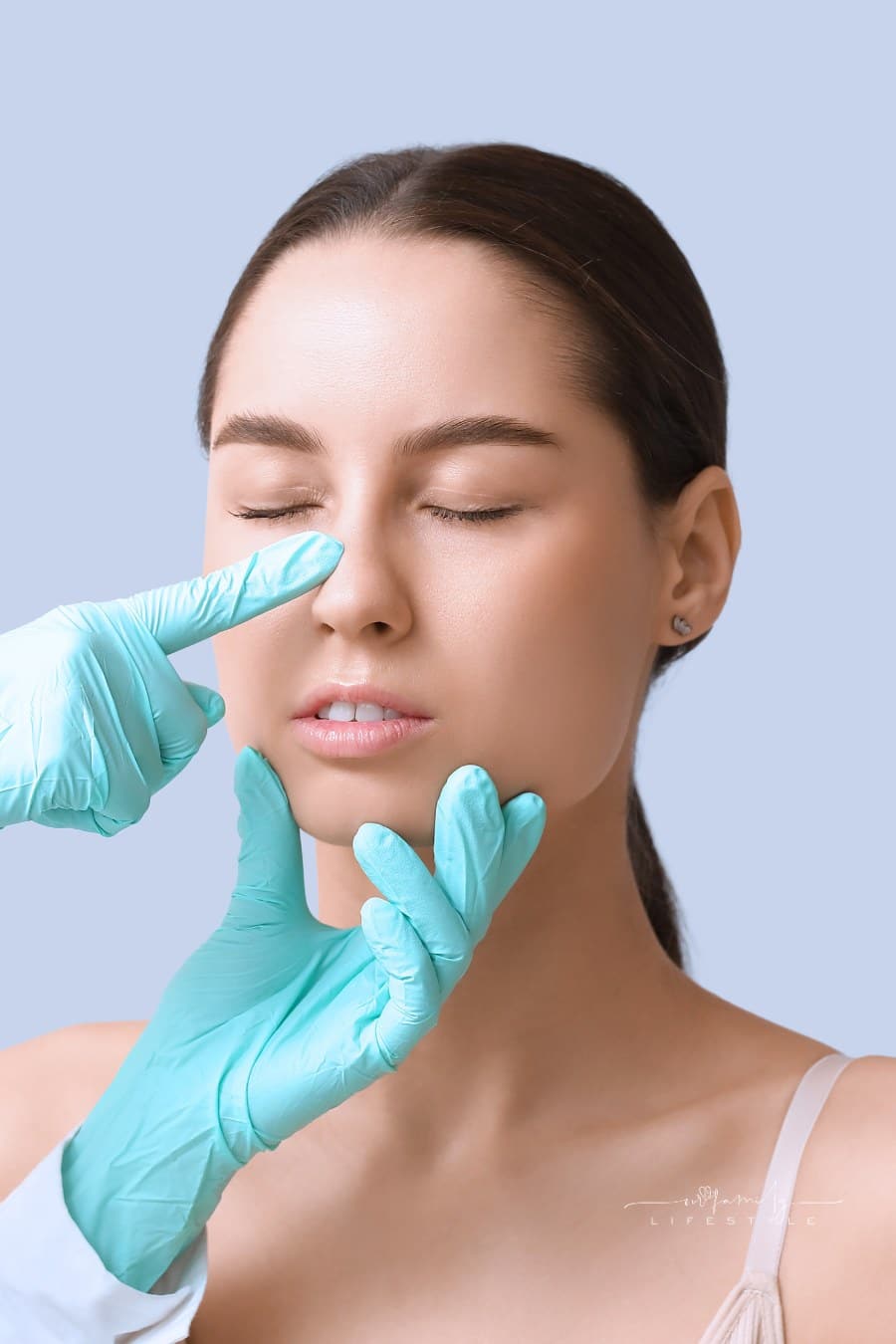 Surgeon Hands Touching Woman Nose before Plastic Surgery on White Background
