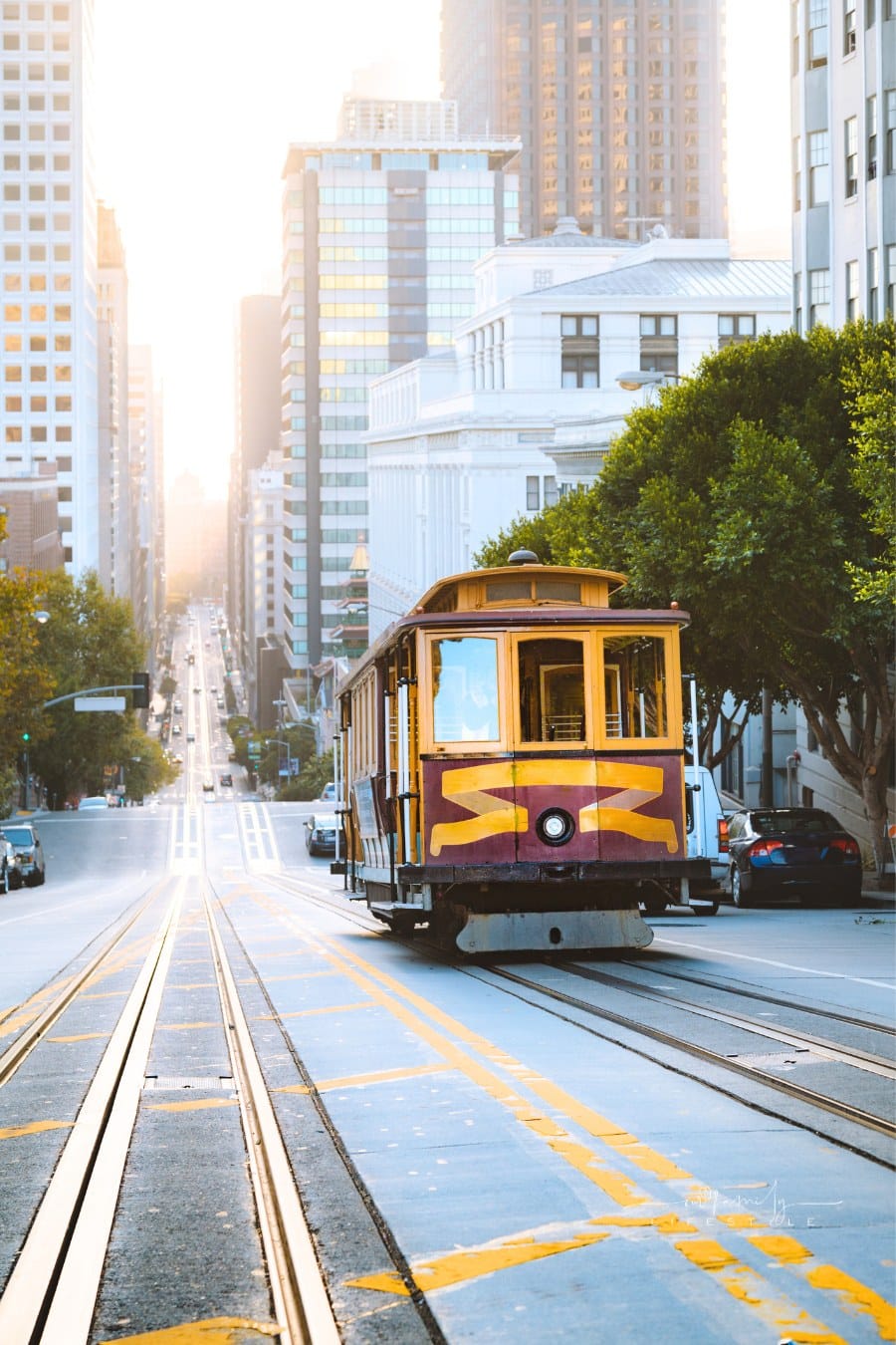 Historic San Francisco Cable Car on famous California Street at sunrise, California, USA