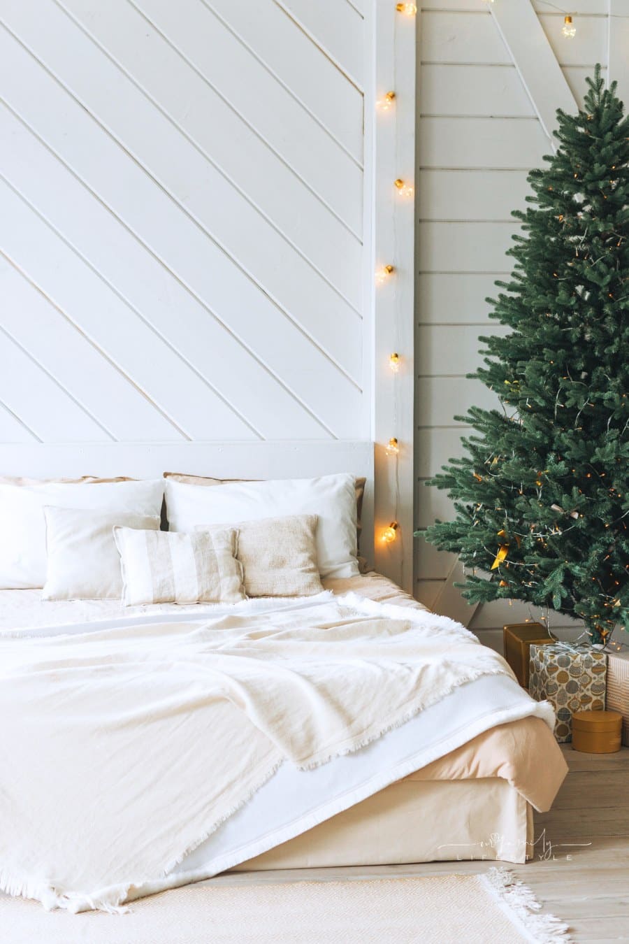 Decorated Christmas tree with the gift boxes inside bedroom