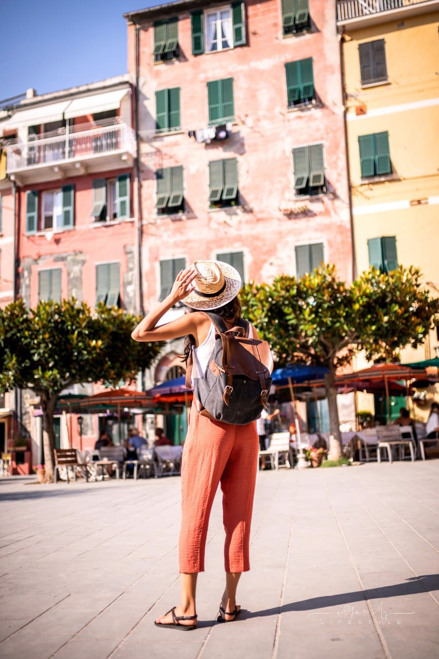 female tourist in Cinque Terre, Italy