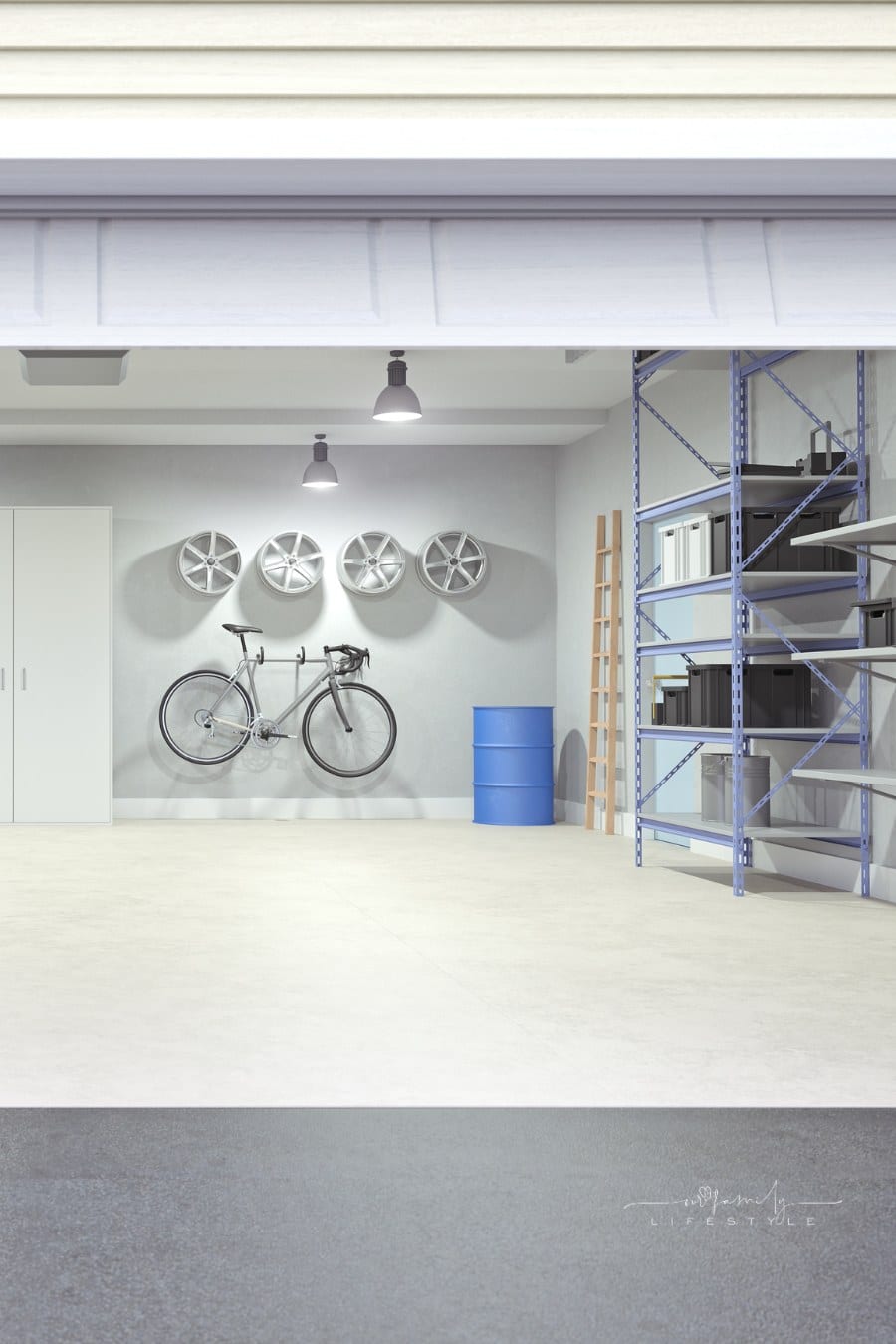 Modern empty garage interior viewing from outside of the open garage door.