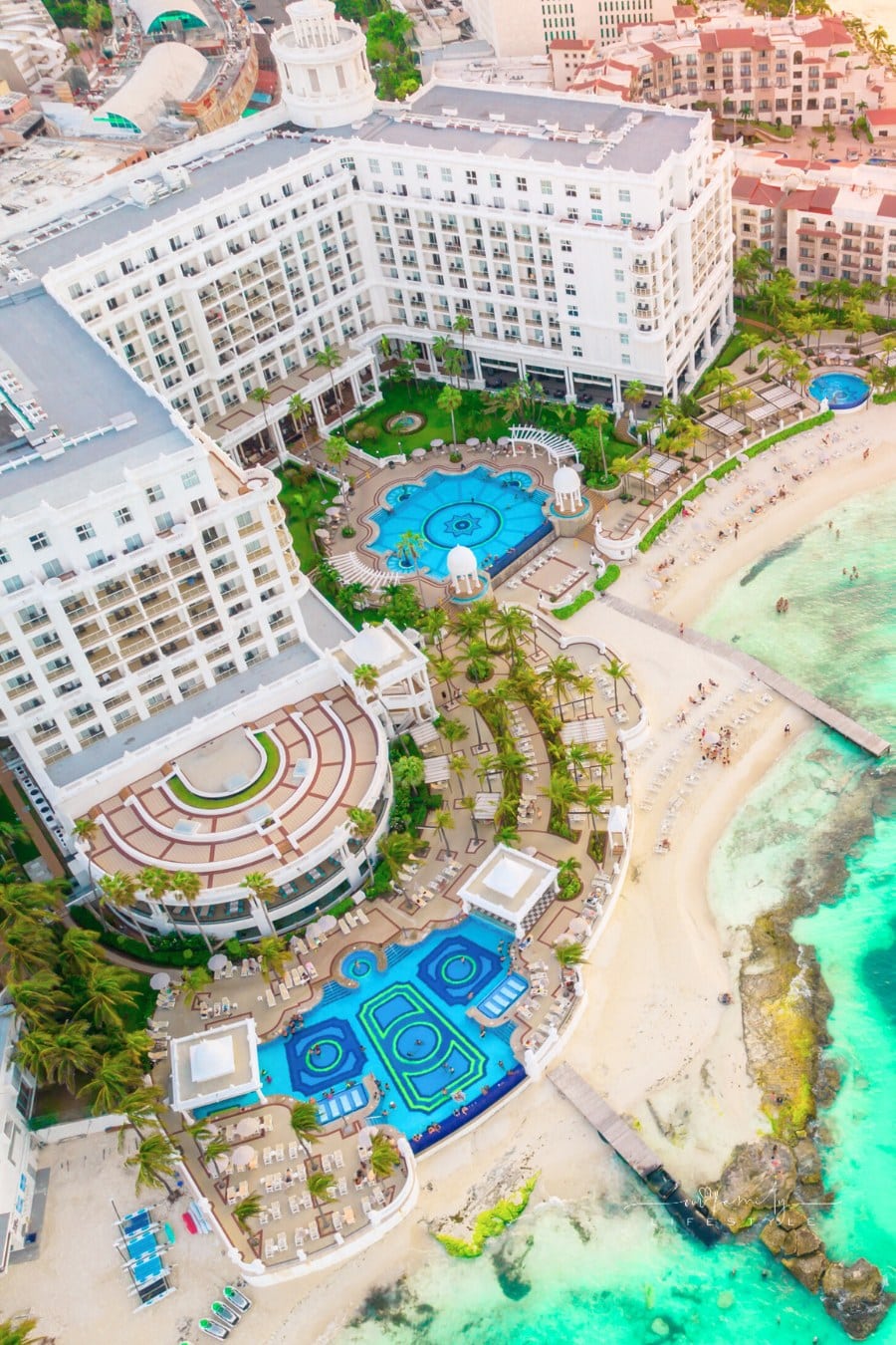 View of Beautiful Hotel Riu Palace Las Americas in the Hotel Zone of Cancun. Aerial Panoramic View of All-Inclusive Resort.
