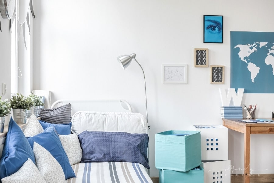 white and blue designed student's room