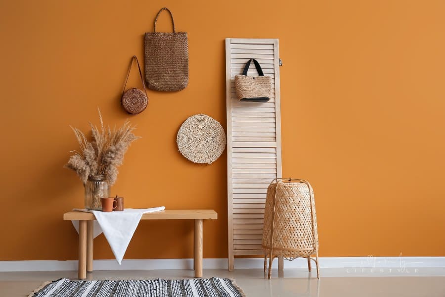 boho themed decor against a dark orange accent wall