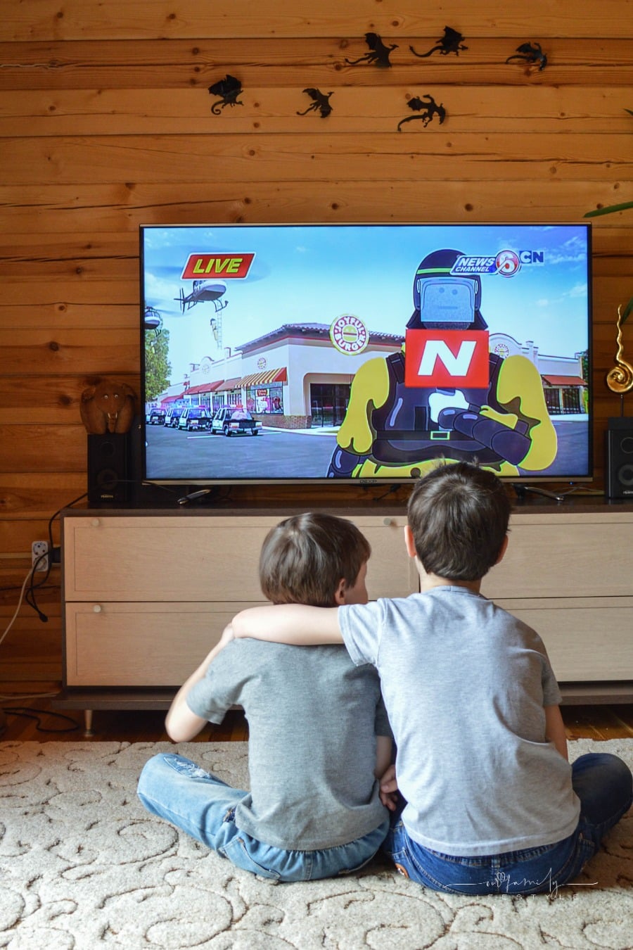 brothers watching cartoons on TV while holding each other