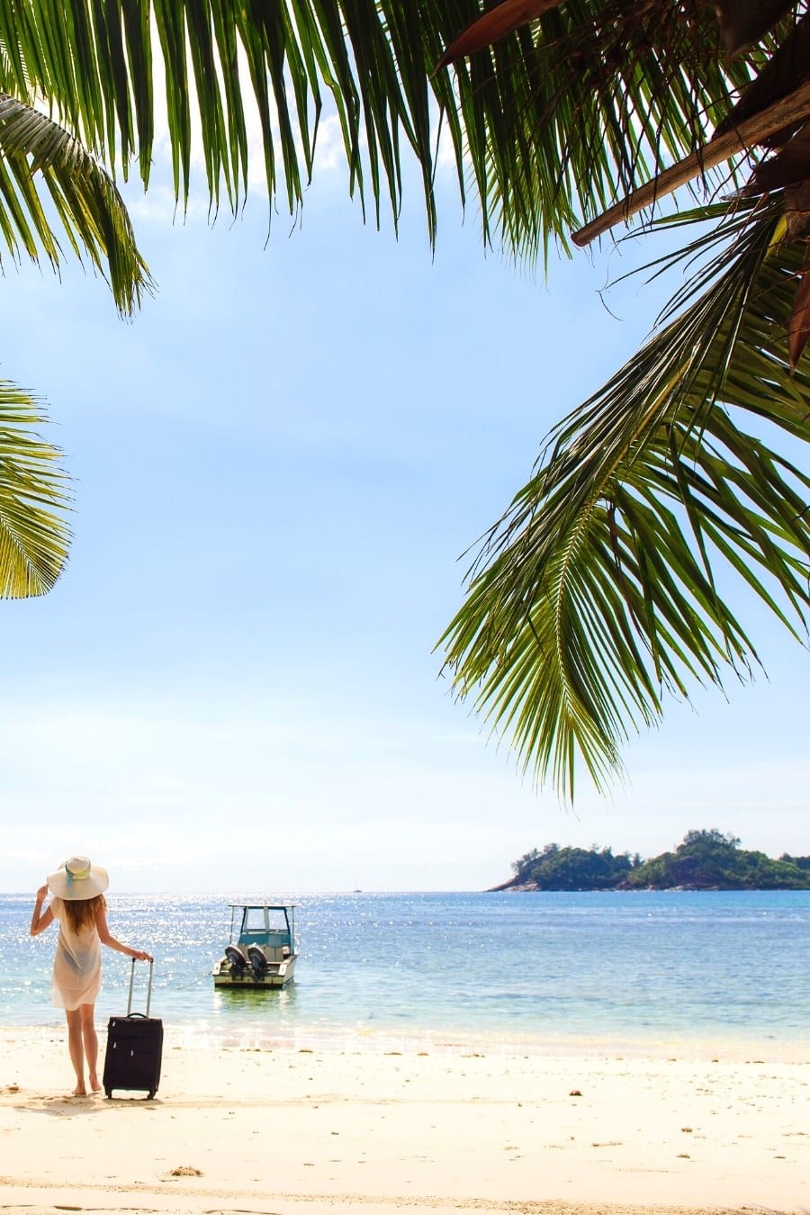 woman with suitcase on beach