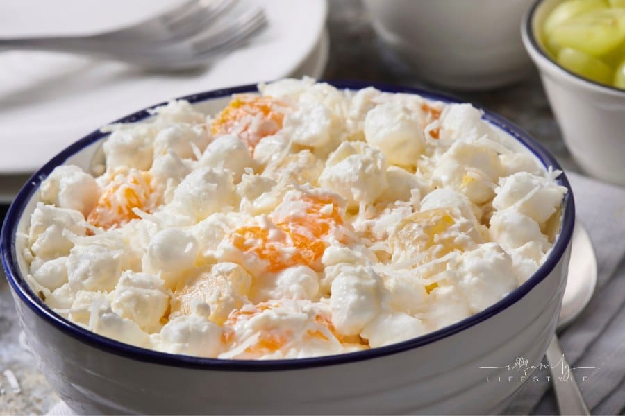 Ambrosia Fruit Salad with Mini Marshmallows, Pineapple Chunks, Mandarin Oranges and Sweetened Coconut