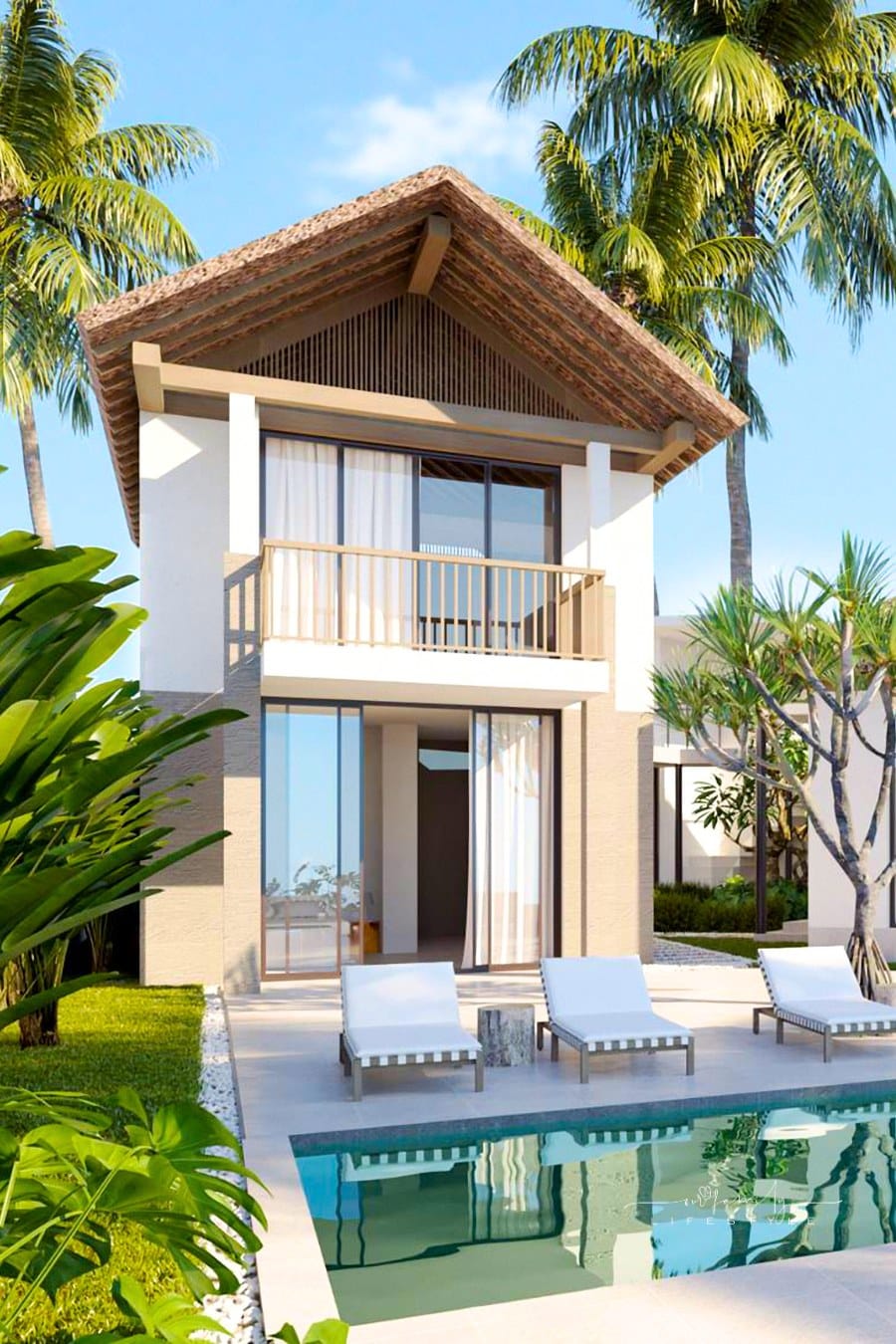 White Pool Loungers in Front of Pool Guest House