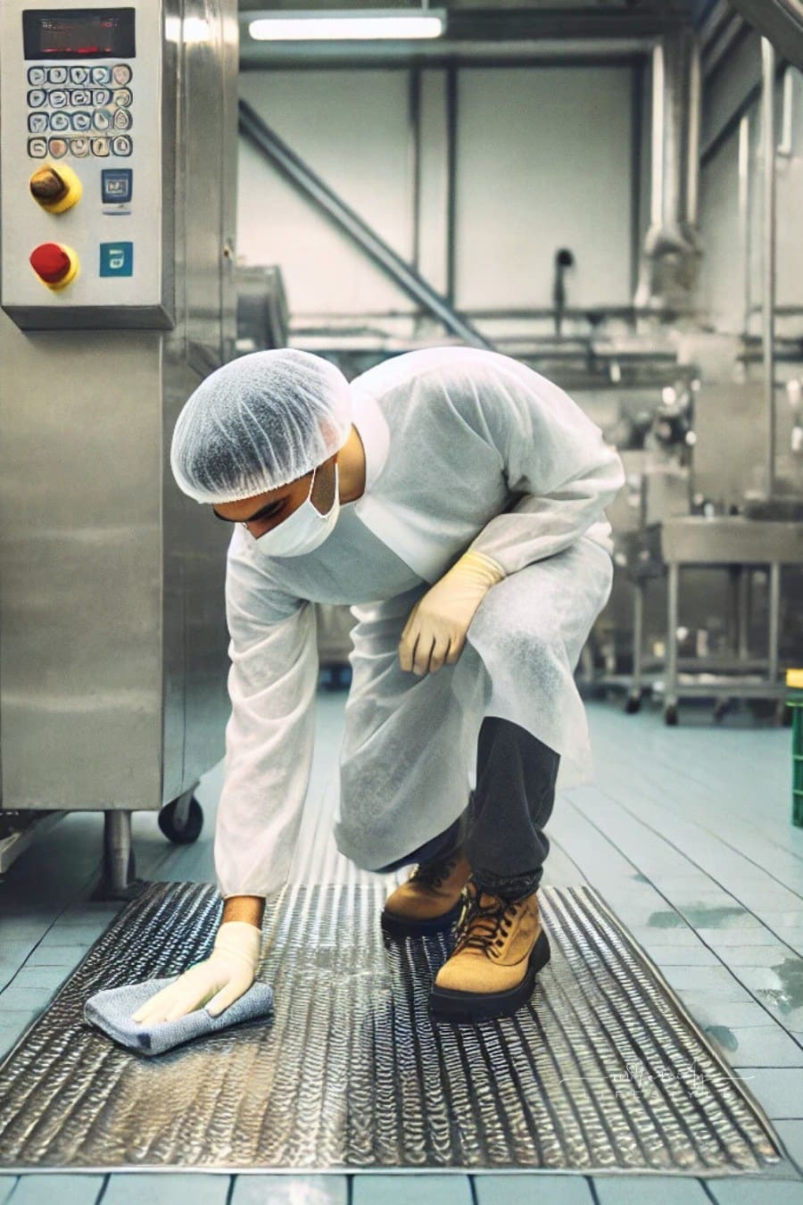 photo of a food supplier facility with a worker wiping a liquid spill off an anti-fatigue floor mat. The worker is kneeling slightly