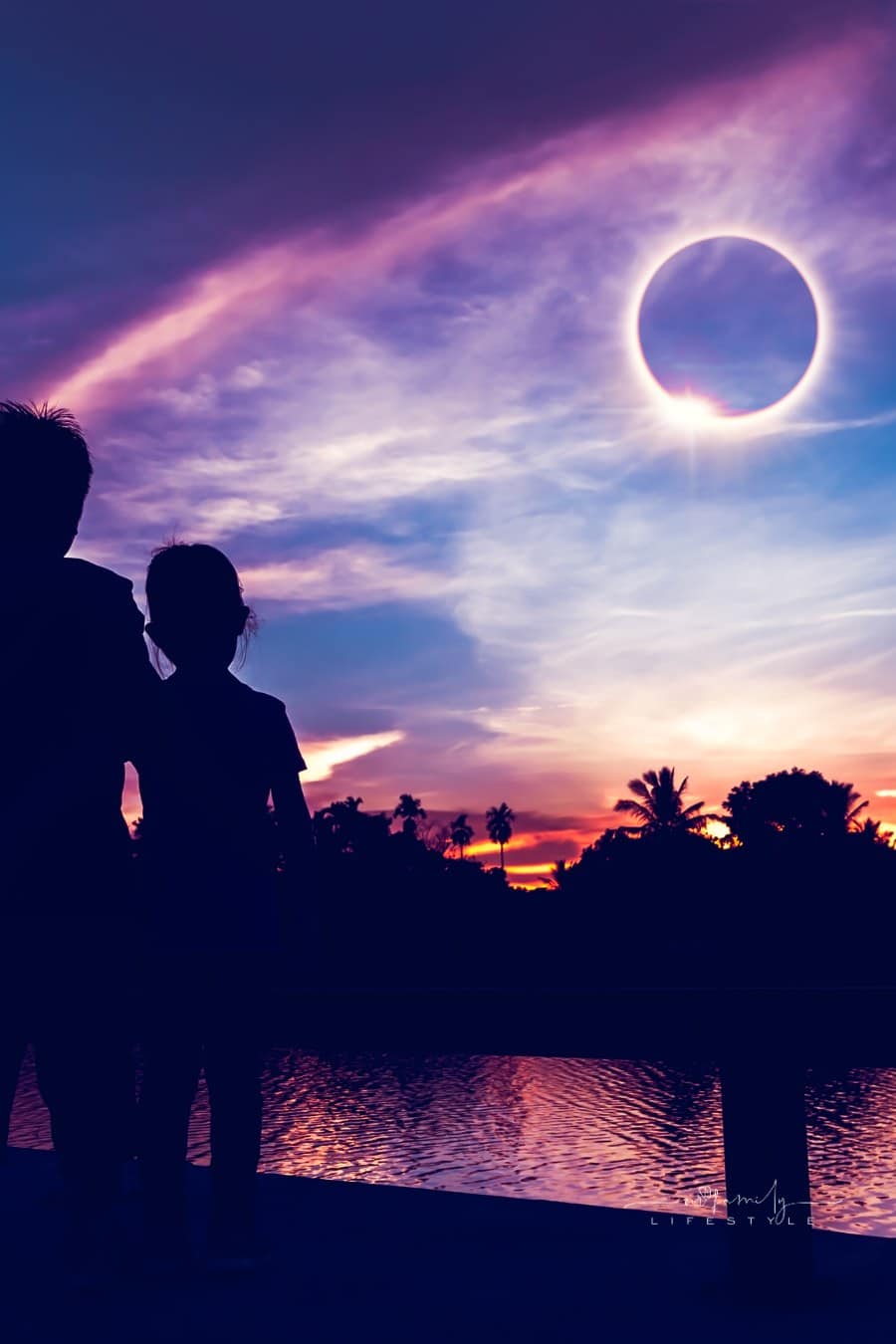 Natural phenomenon. Two people looking at total solar eclipse.