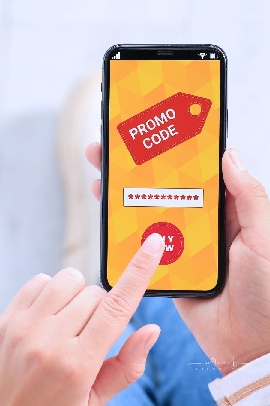 Woman Activating Promo Code on Smartphone against Blurred Background, Closeup. Space for Text